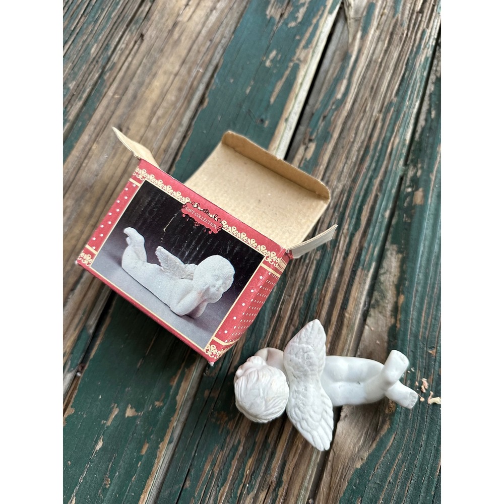 Vintage White Bisque Porcelain Reclining Cherub Angel Figurine Gift Collection